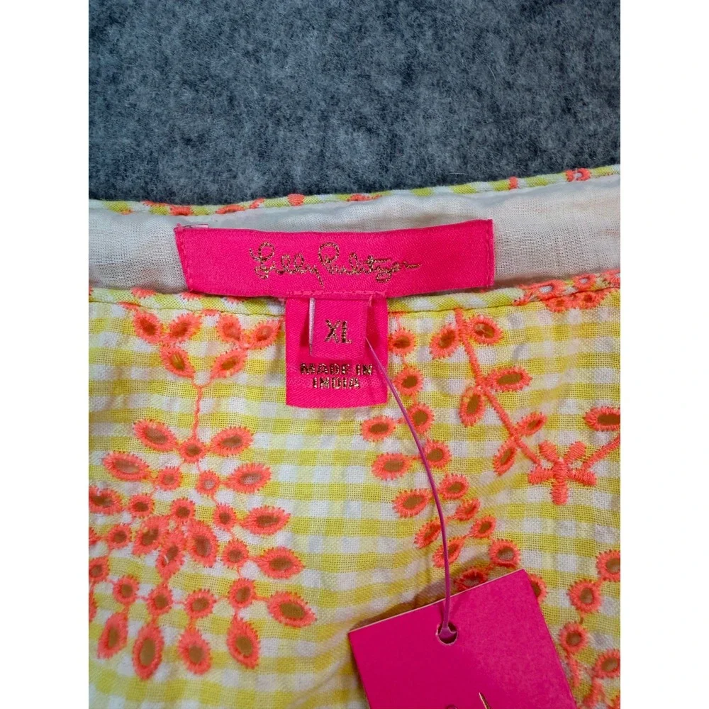 Lilly Pulitzer Lettie Eyelet Top XL Calla Yellow Gingham Seersucker Puff Sleeve